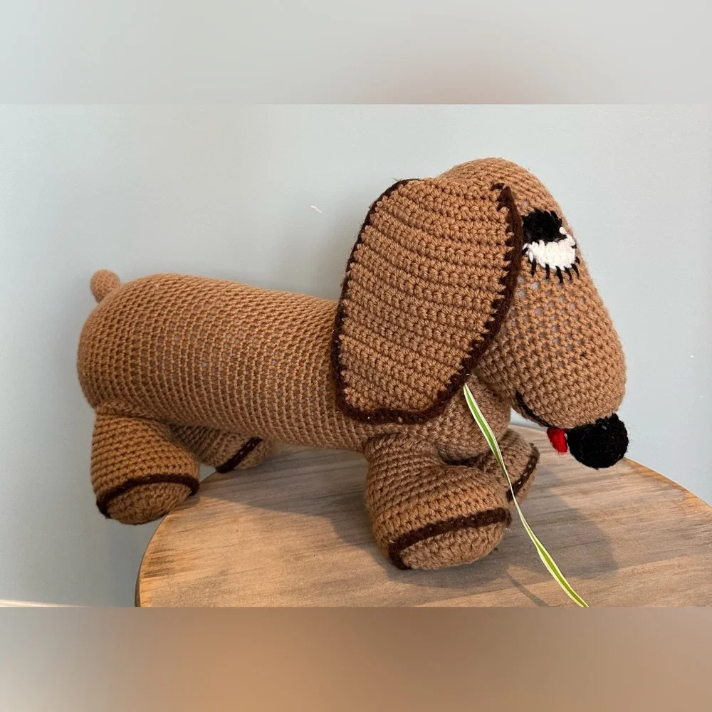 Handmade dachshund Holiday brown and black weenie dog with red collar crochet